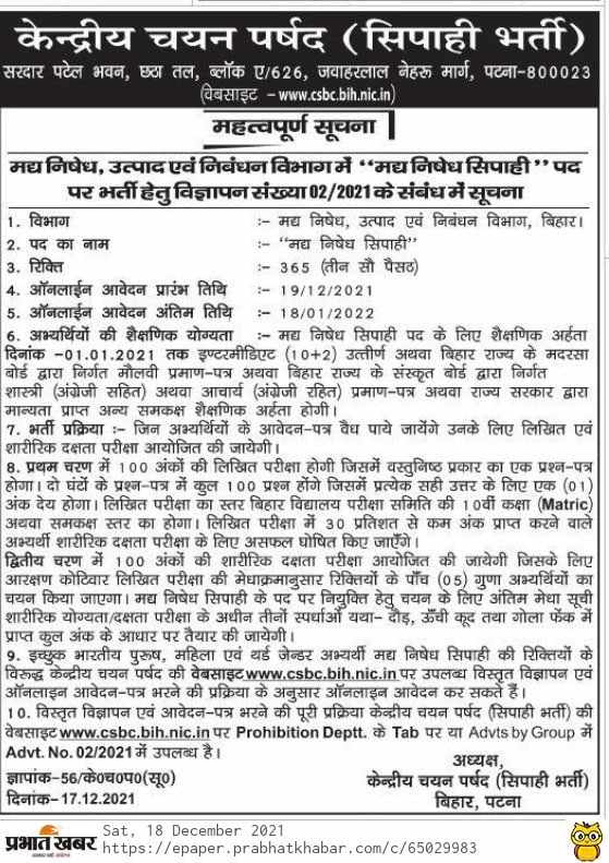 CSBC Bihar Police Prohibition Constable Recruitment Vacancy