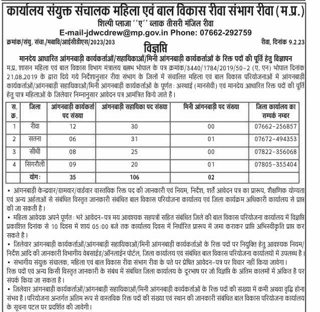 Anganwadi Bharti new Update 2023: आंगनवाड़ी में निकली 10400 पदों पर बिना परीक्षा की सीधी भर्ती 4 Anganwadi Bharti new Update