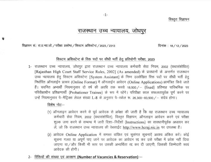 High Court System Assistant Vacancy 2024: हाई कोर्ट सिस्टम असिस्टेंट भर्ती का नोटिफिकेशन जारी, आवेदन 4 जनवरी से Full Information 4 High Court System Assistant Vacancy