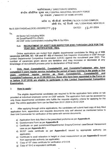 Central Industrial Security Force Vacancy 2024: सीआईएसफ ने एएसआई और एलडीसीई के 836 पदों पर नोटिफिकेशन जारी किया 4 Central Industrial Security Force Vacancy