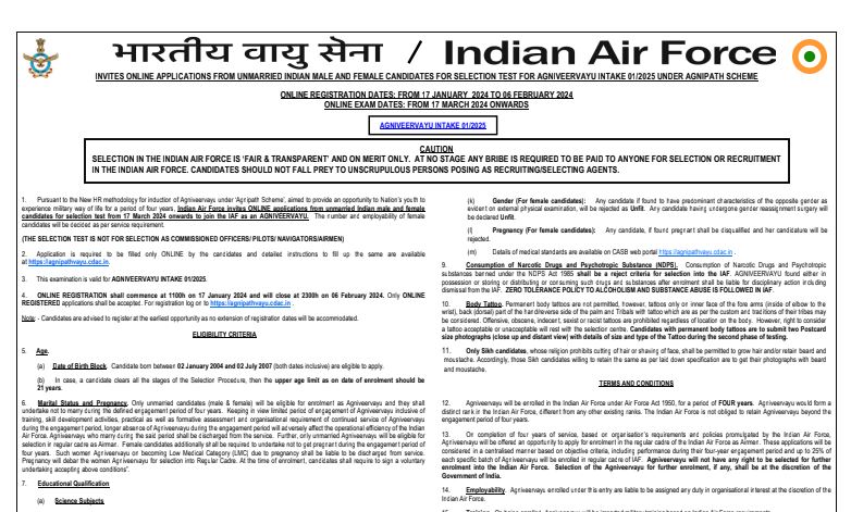 Airforce Agniveer Vacancy 2024: इंडियन एयर फोर्स अग्निवीर भर्ती का 12वी पास के लिए नोटिफिकेशन जारी Full Information 4 Airforce Agniveer Vacancy