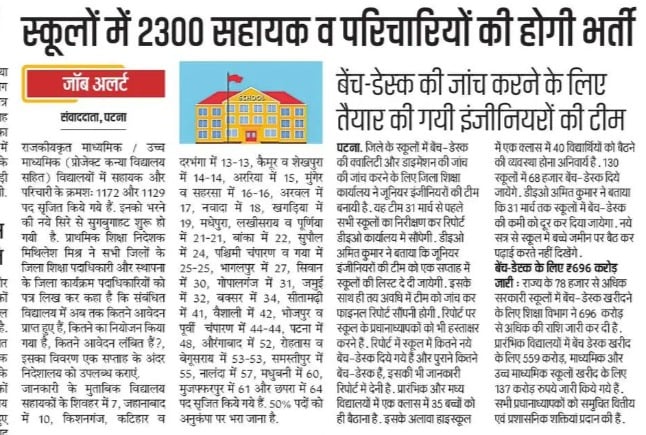 Bihar Staff Selection Commission Vacancy 2024: स्कूलों में 2300 सहायक व परिचारियों की होगी भर्ती, पढ़े पूरी खबर Full Information 4 Bihar Staff Selection Commission Vacancy