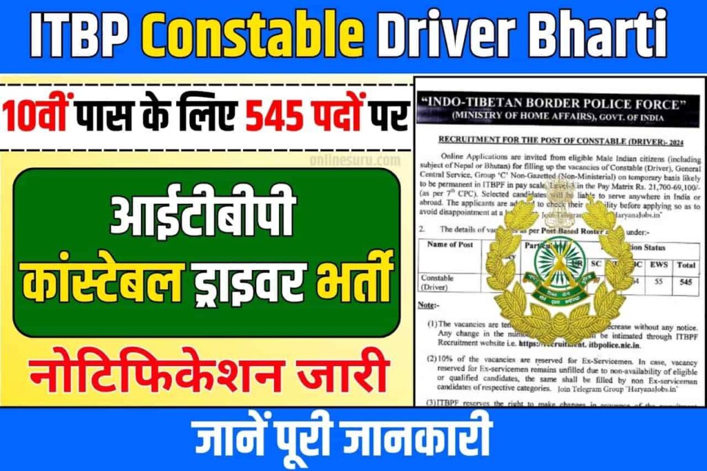 ITBP Constable Driver Bharti 2024: 10वीं पास के लिए 545 पदों पर आईटीबीपी कांस्टेबल ड्राइवर भर्ती का नोटिफिकेशन जारी Full Information 3 ITBP Constable Driver Bharti